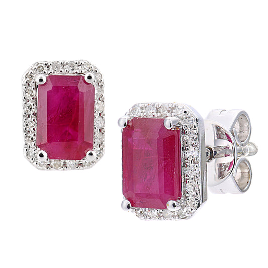 18ct White Gold  Diamond Octagon 1.5ct Ruby Cluster Stud Earrings - DE1AXL604W18RU