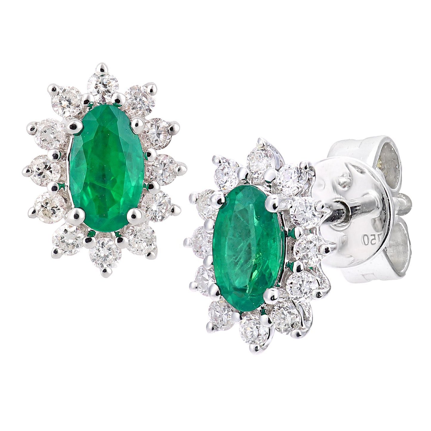 18ct White Gold  1/4ct Diamond Oval 1/2ct Emerald Stud Earrings - DE1AXL605W18EM