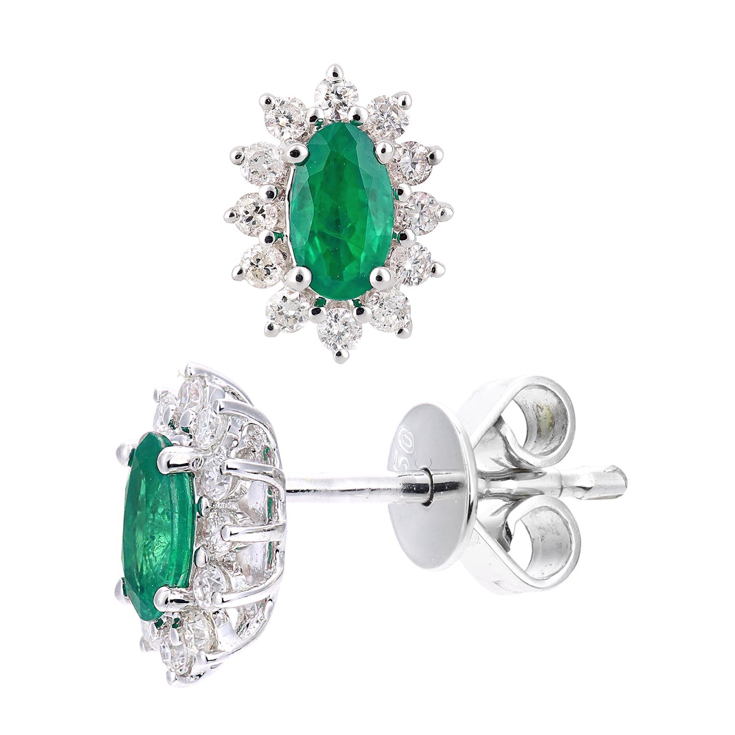 18ct White Gold  1/4ct Diamond Oval 1/2ct Emerald Stud Earrings - DE1AXL605W18EM