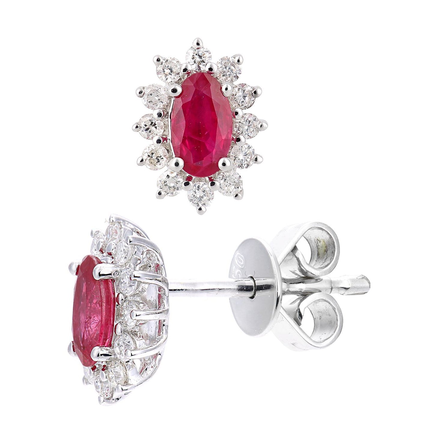 18ct White Gold  1/4ct Diamond Oval Ruby Cluster Stud Earrings - DE1AXL605W18RU