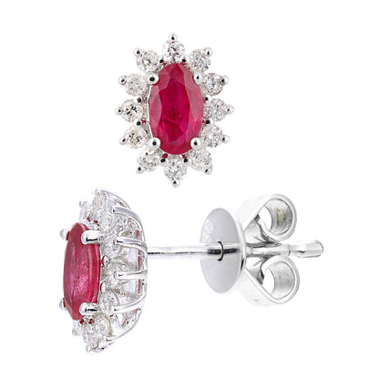 18ct White Gold  1/4ct Diamond Oval Ruby Cluster Stud Earrings - DE1AXL605W18RU