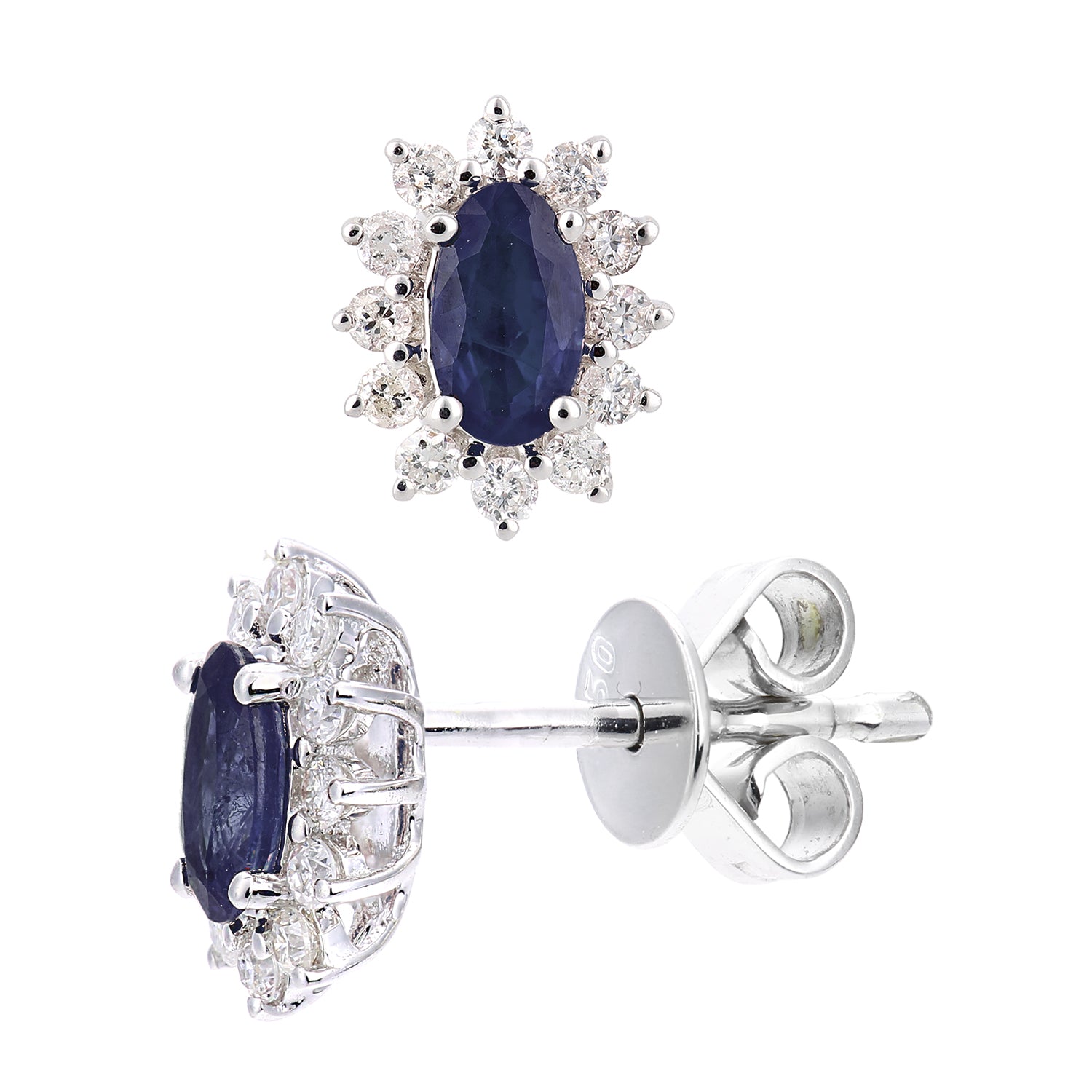 18ct White Gold  1/4ct Diamond Oval Sapphire Cluster Stud Earrings - DE1AXL605W18SA