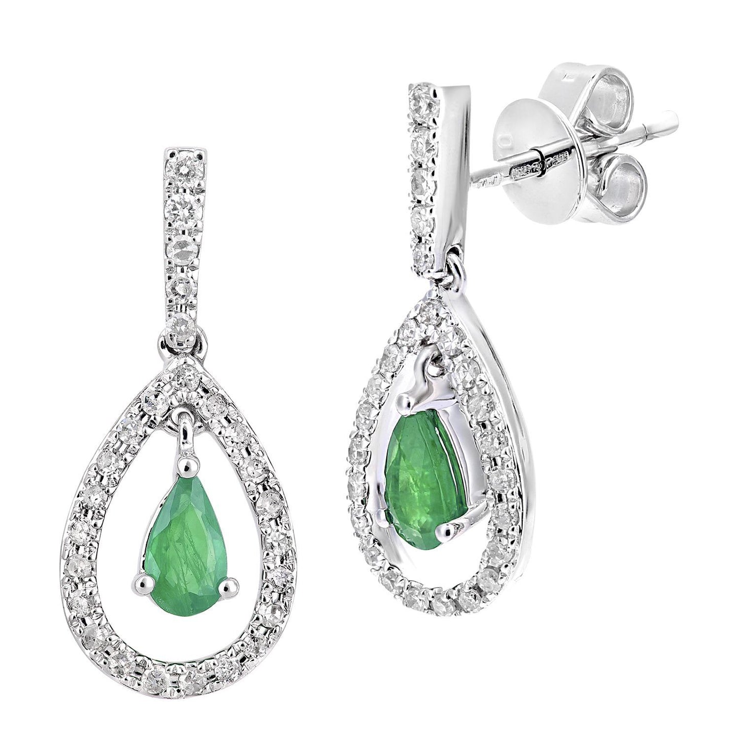 18ct White Gold  Diamond Pear Emerald Teardrop Drop Earrings - DE1AXL608W18EM