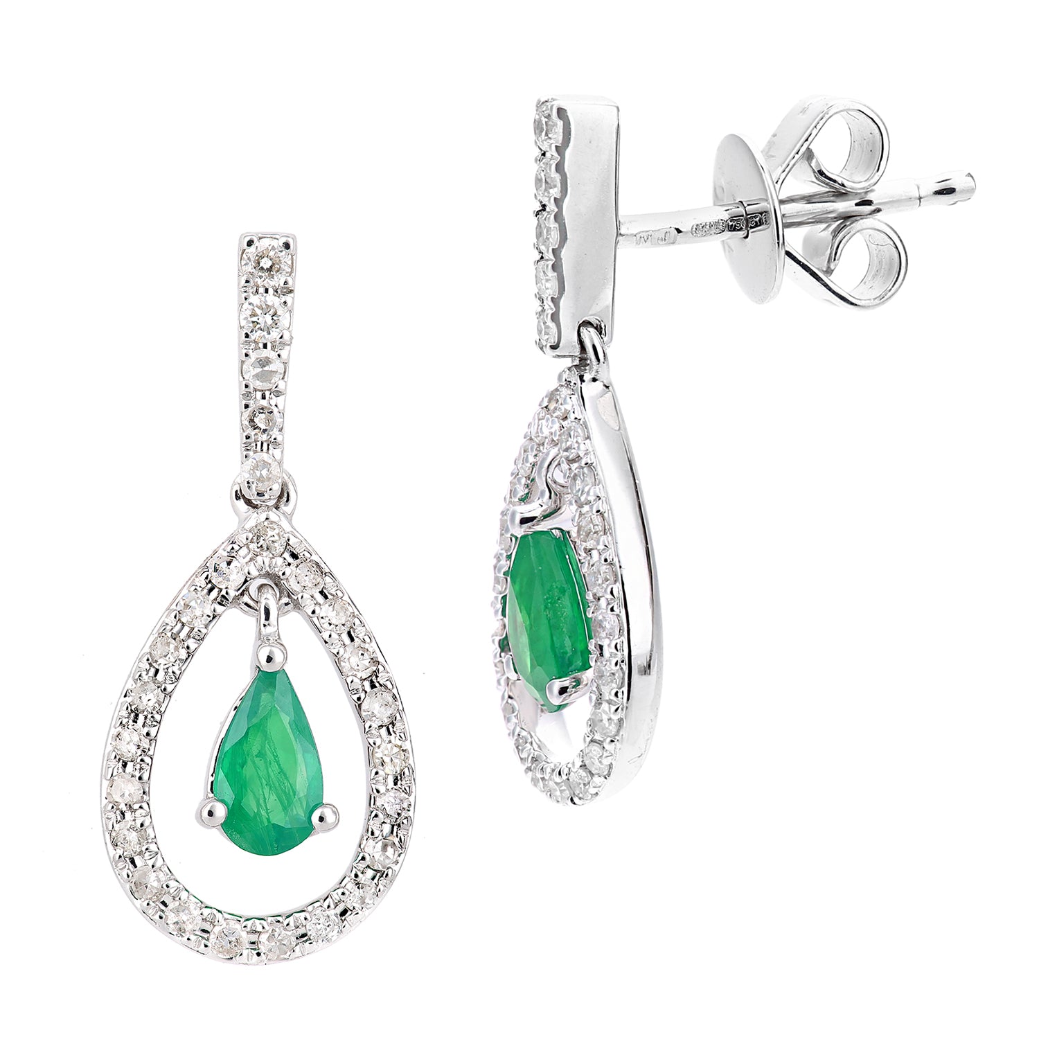 18ct White Gold  Diamond Pear Emerald Teardrop Drop Earrings - DE1AXL608W18EM