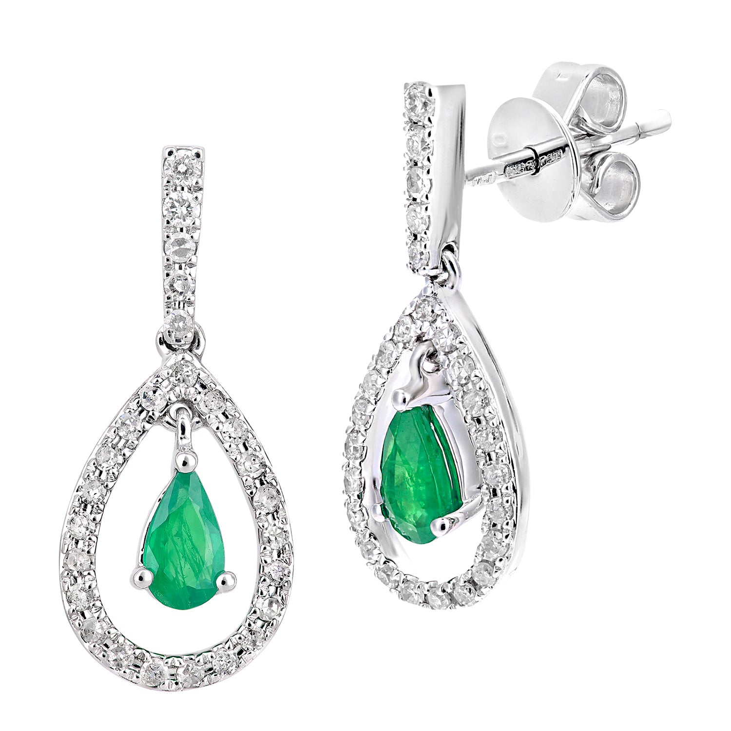 18ct White Gold  Diamond Pear Emerald Teardrop Drop Earrings - DE1AXL608W18EM
