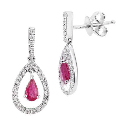 18ct White Gold  Diamond Pear 0.6ct Ruby Teardrop Drop Earrings - DE1AXL608W18RU