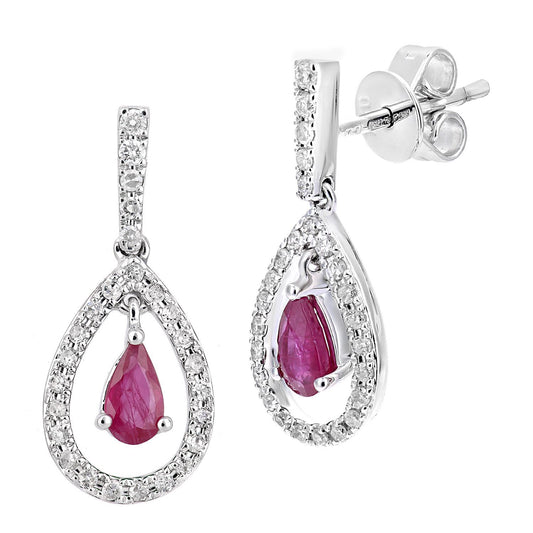 18ct White Gold  Diamond Pear 0.6ct Ruby Teardrop Drop Earrings - DE1AXL608W18RU