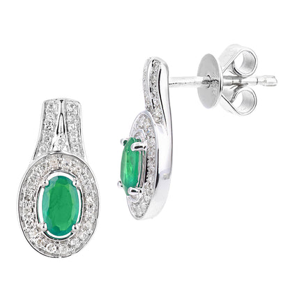 18ct White Gold  Diamond Oval 1/2ct Emerald Cluster Drop Earrings - DE1AXL609W18EM