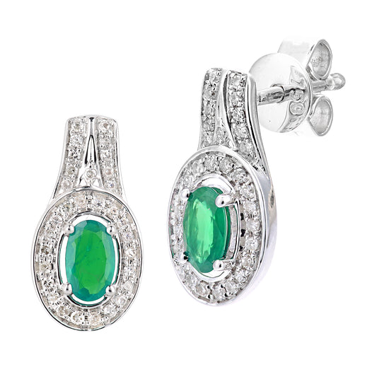 18ct White Gold  Diamond Oval 1/2ct Emerald Cluster Drop Earrings - DE1AXL609W18EM