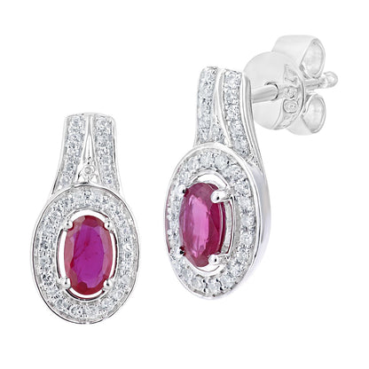 18ct White Gold  Diamond Oval 1/2ct Ruby Cluster Drop Earrings - DE1AXL609W18RU