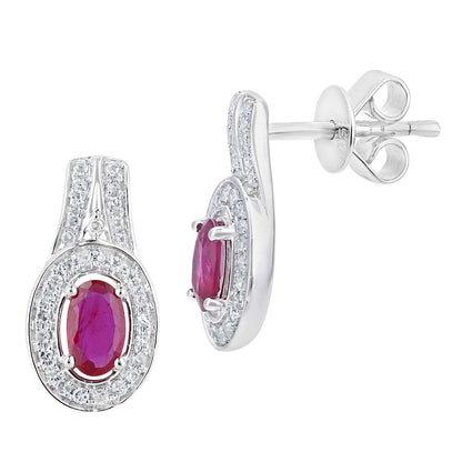 18ct White Gold  Diamond Oval 1/2ct Ruby Cluster Drop Earrings - DE1AXL609W18RU