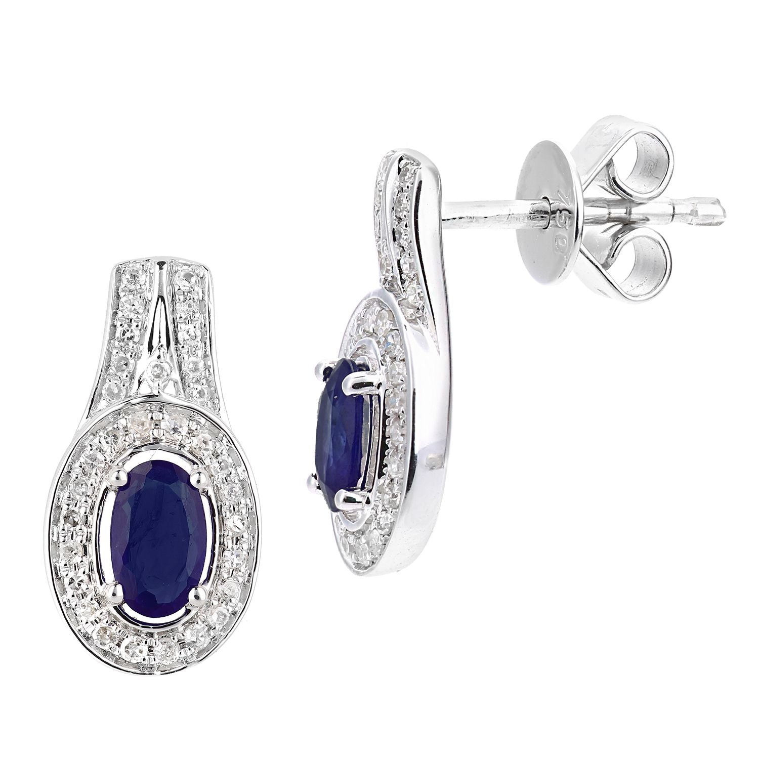 18ct White Gold  Diamond Oval 0.7ct Sapphire Cluster Drop Earrings - DE1AXL609W18SA
