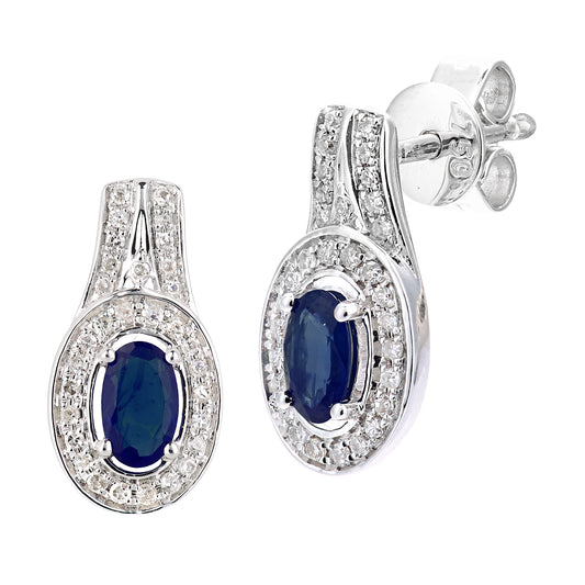 18ct White Gold  Diamond Oval 0.7ct Sapphire Cluster Drop Earrings - DE1AXL609W18SA