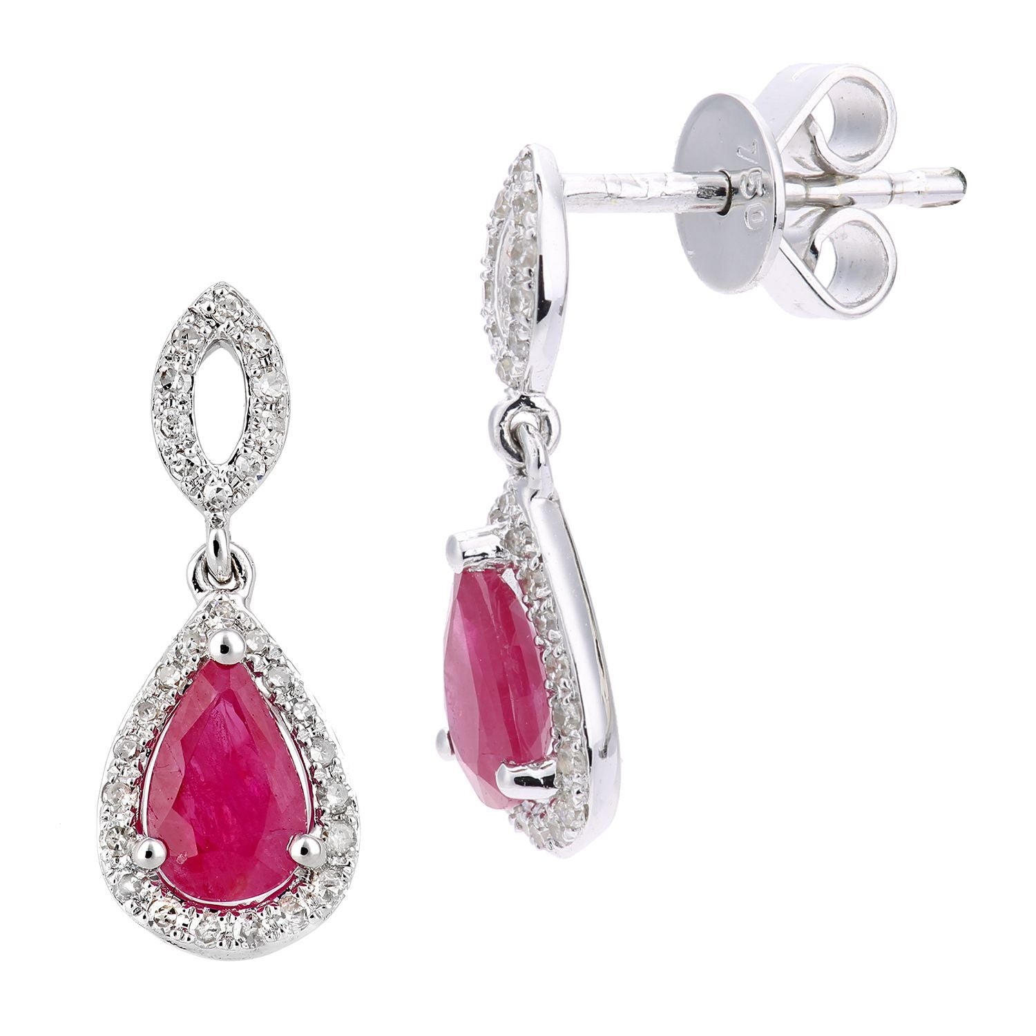 18ct White Gold  12pts Diamond Pear 1ct Ruby Cluster Drop Earrings - DE1AXL610W18RU