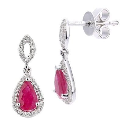18ct White Gold  12pts Diamond Pear 1ct Ruby Cluster Drop Earrings - DE1AXL610W18RU