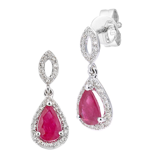 18ct White Gold  12pts Diamond Pear 1ct Ruby Cluster Drop Earrings - DE1AXL610W18RU