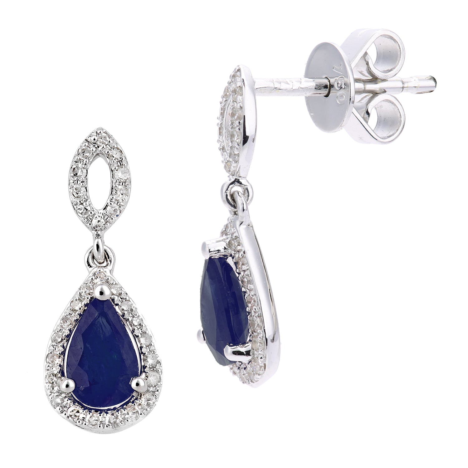 18ct White Gold  Diamond Pear 1ct Sapphire Cluster Drop Earrings - DE1AXL610W18SA