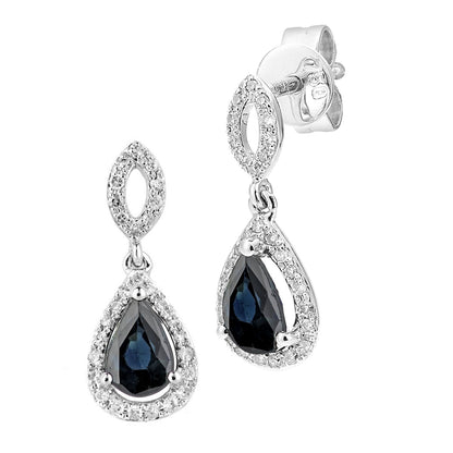 18ct White Gold  Diamond Pear 1ct Sapphire Cluster Drop Earrings - DE1AXL610W18SA