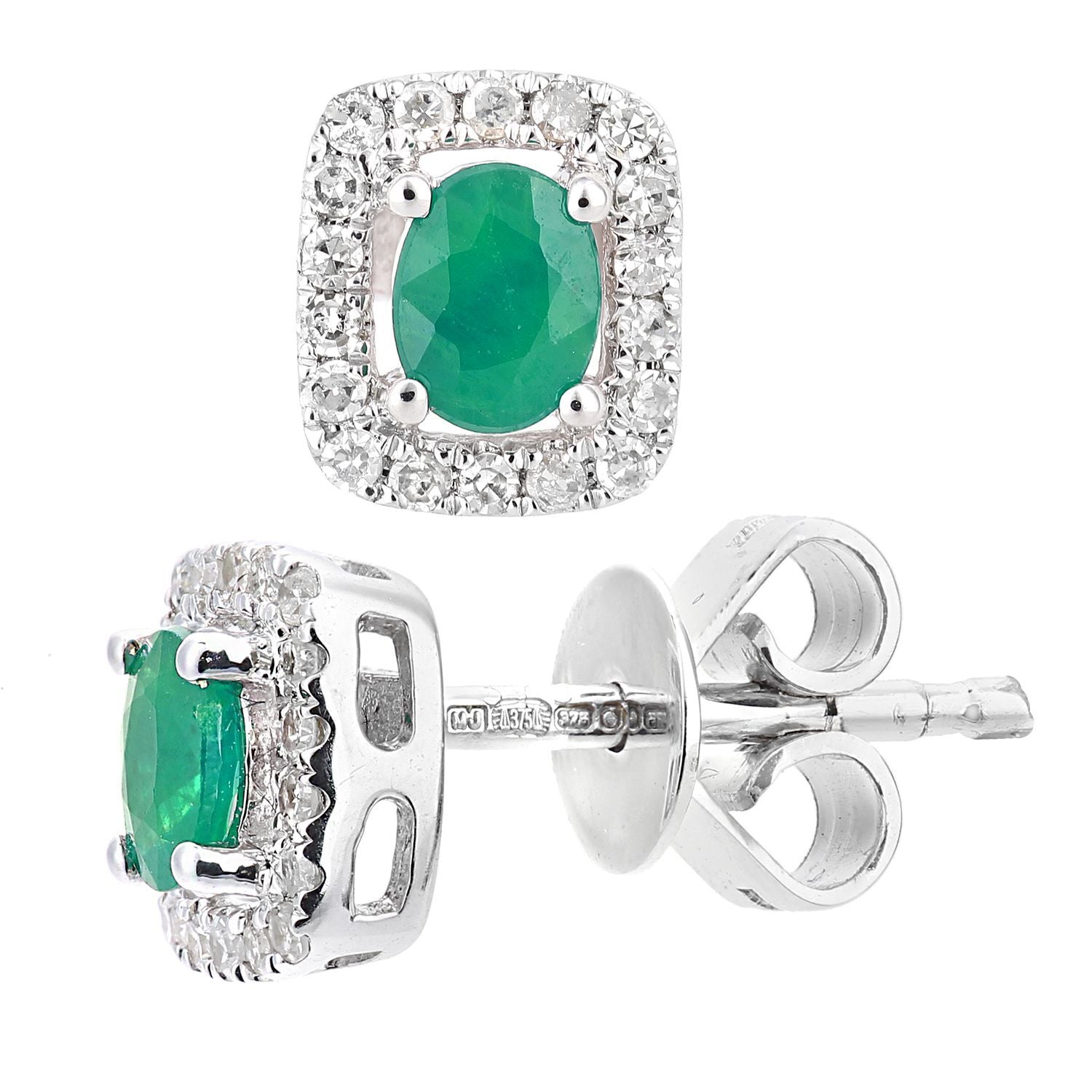 9ct White Gold  Diamond Oval 0.36ct Emerald Cluster Stud Earrings - DE1AXL611WEM