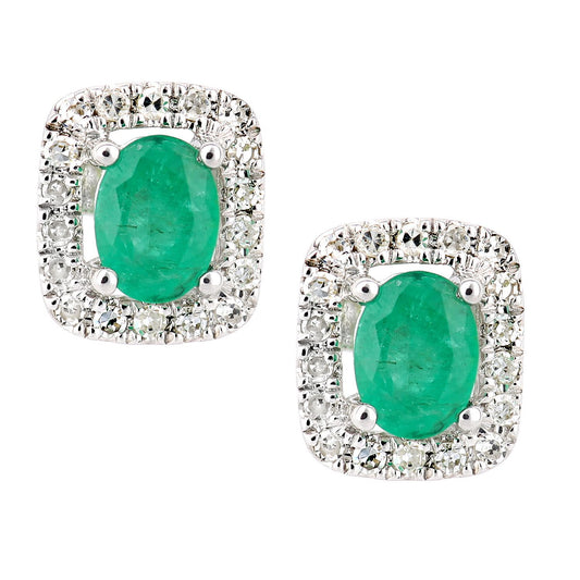 9ct White Gold Diamond Oval 0.36ct Emerald Cluster Stud Earrings - DE1AXL611WEM