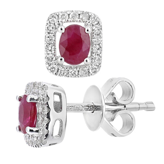 9ct White Gold  Diamond Oval 0.37ct Ruby Cluster Stud Earrings - DE1AXL611WRU