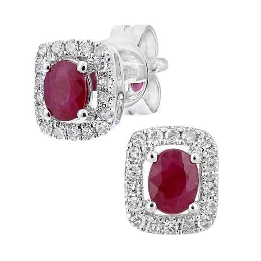 9ct White Gold  Diamond Oval 0.37ct Ruby Cluster Stud Earrings - DE1AXL611WRU