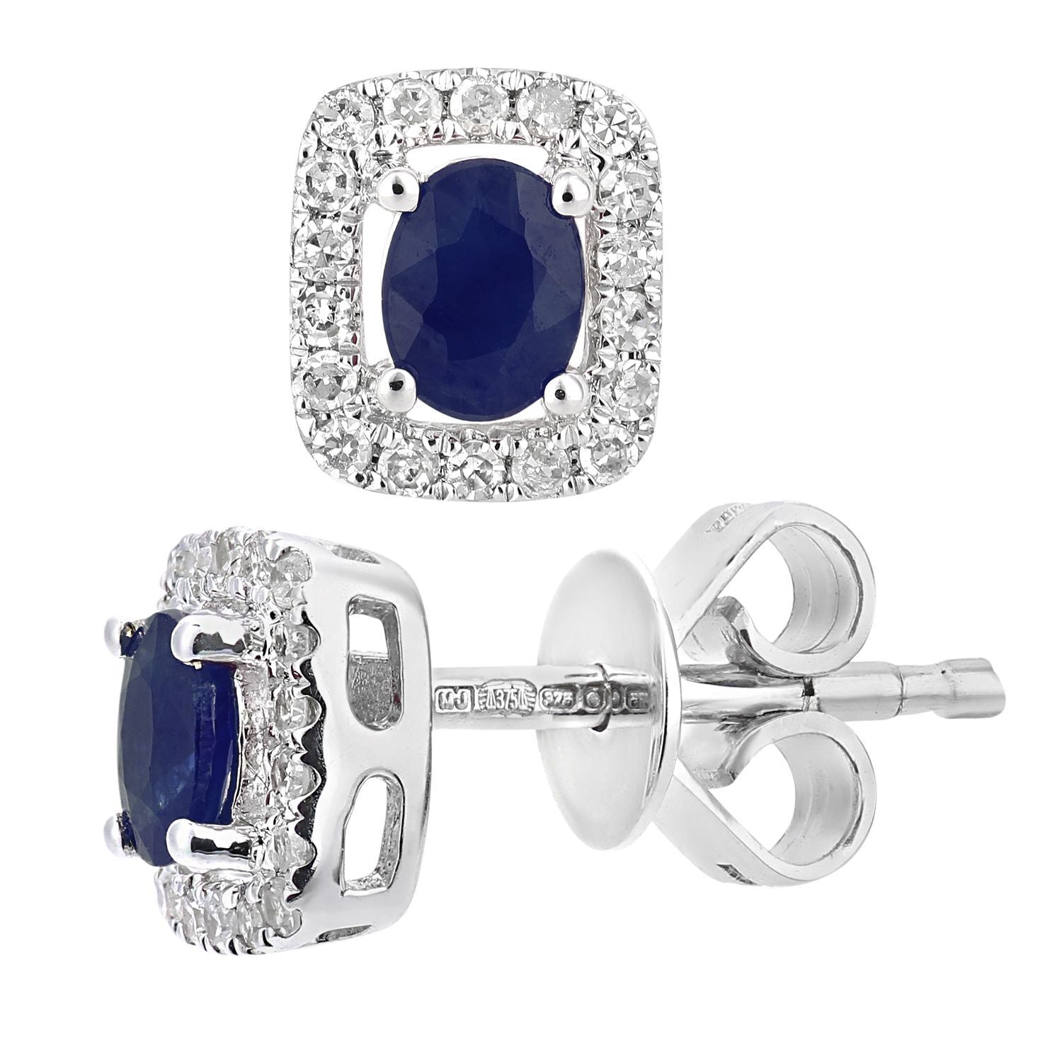 9ct White Gold  Diamond Oval 0.39ct Sapphire Cluster Stud Earrings - DE1AXL611WSA