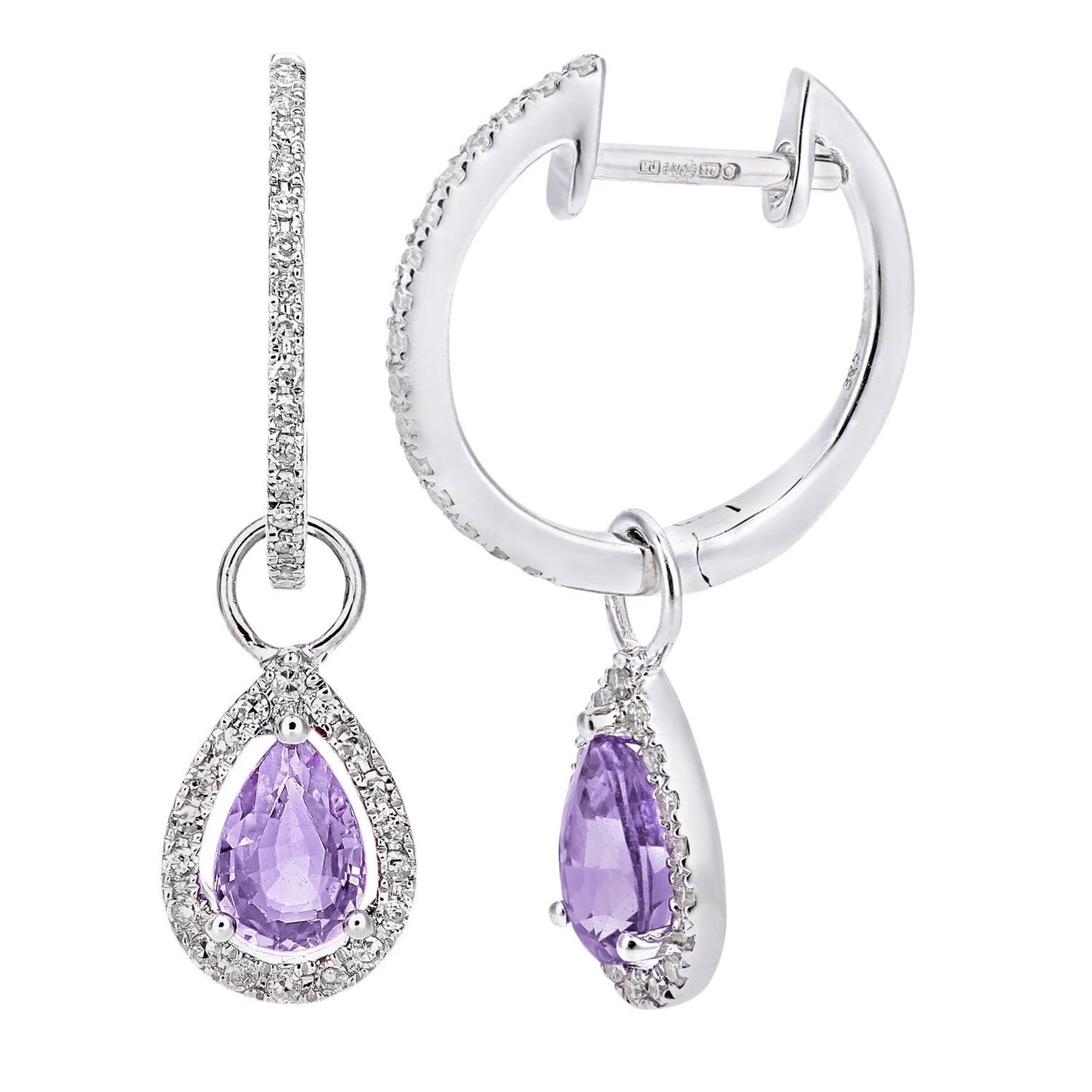 9ct White Gold  Diamond Pear 0.7ct Amethyst Teardrop Drop Earrings - DE1AXL618WAM