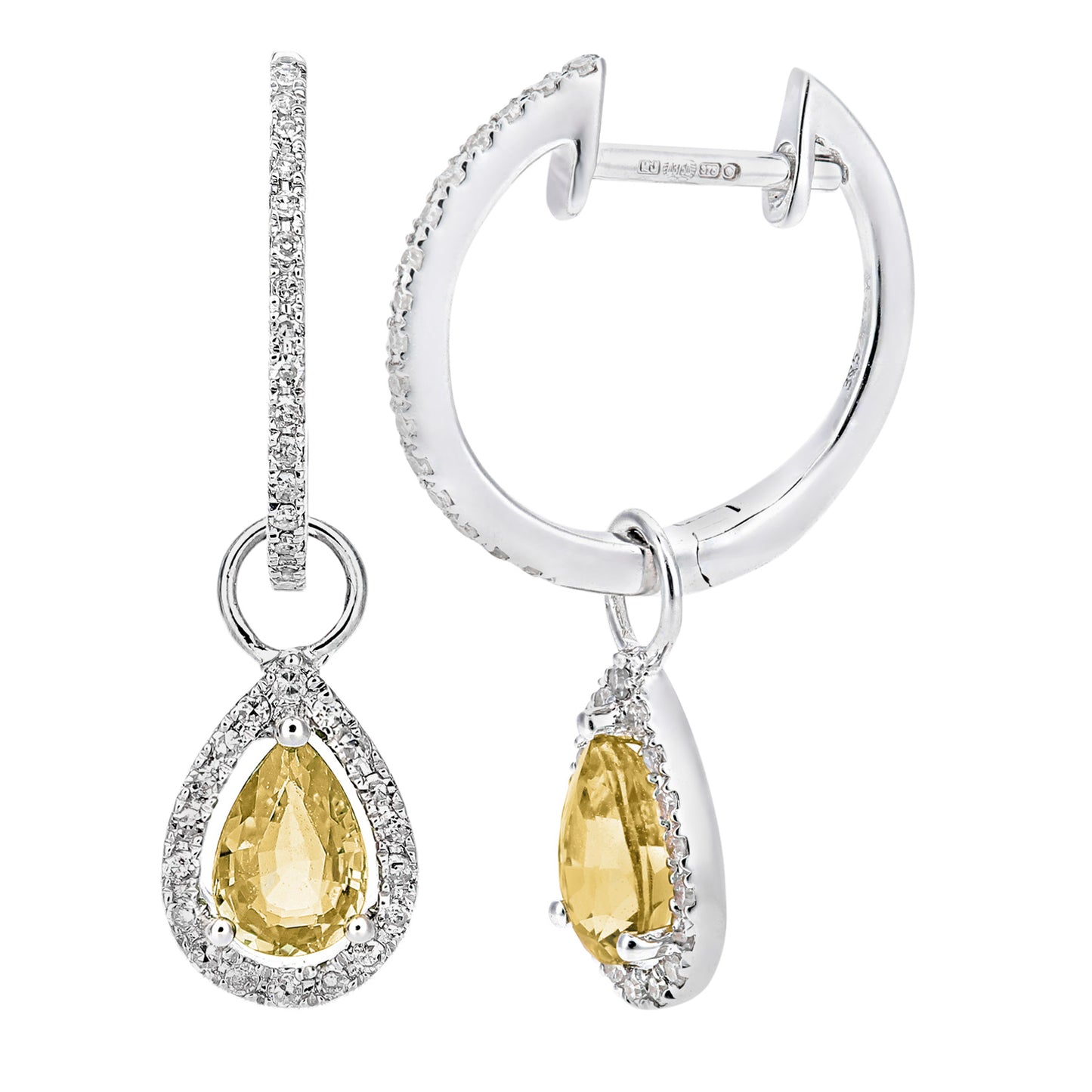 9ct White Gold  Diamond Pear 0.7ct Citrine Teardrop Drop Earrings - DE1AXL618WCT