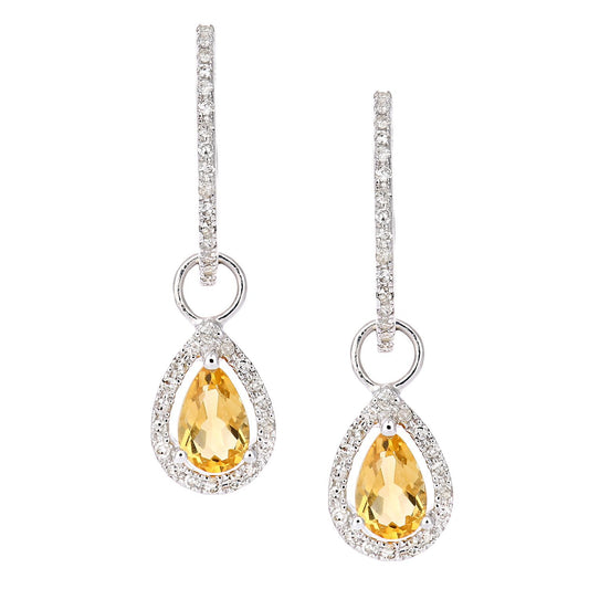 9ct White Gold Diamond Pear 0.7ct Citrine Teardrop Drop Earrings - DE1AXL618WCT