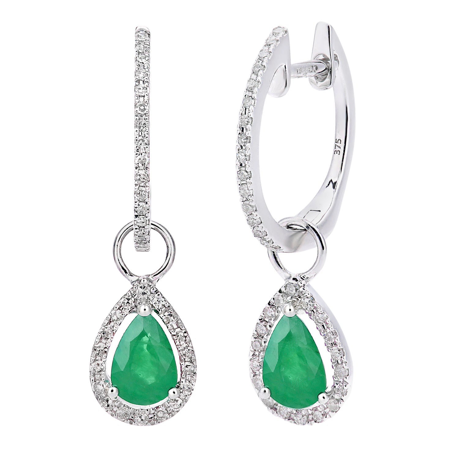 9ct White Gold  Diamond Pear 0.7ct Emerald Teardrop Drop Earrings - DE1AXL618WEM