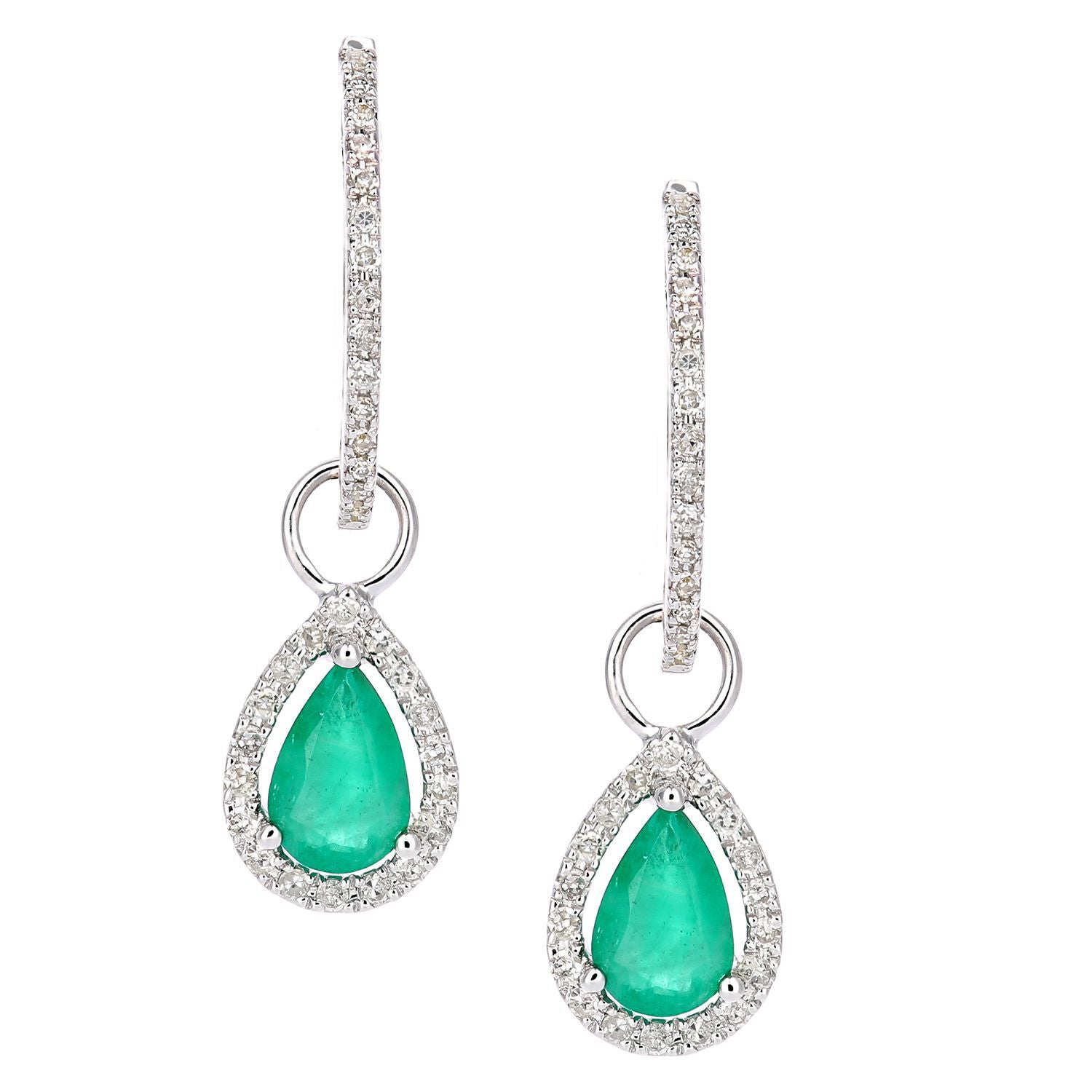 9ct White Gold  Diamond Pear 0.7ct Emerald Teardrop Drop Earrings - DE1AXL618WEM