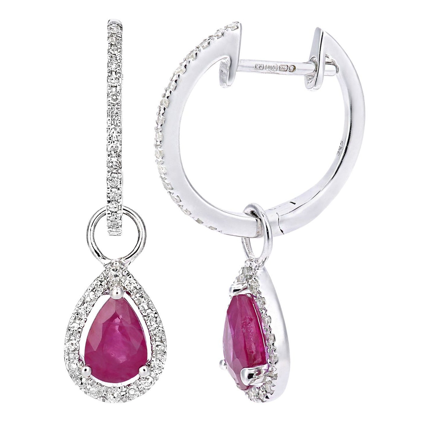 9ct White Gold  20pts Diamond Pear 1ct Ruby Teardrop Drop Earrings - DE1AXL618WRU