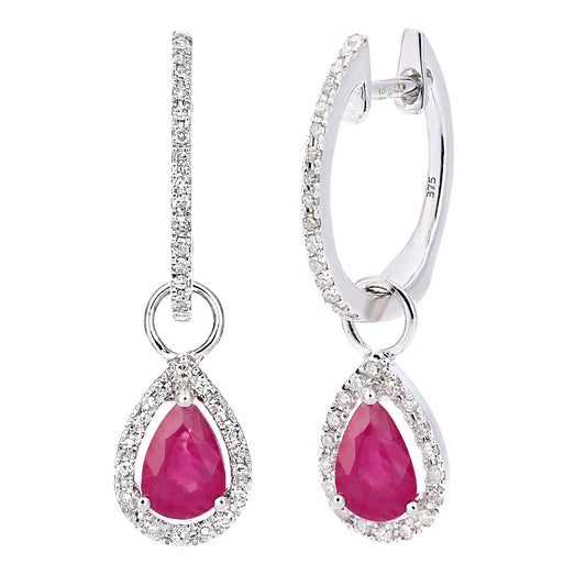 9ct White Gold  20pts Diamond Pear 1ct Ruby Teardrop Drop Earrings - DE1AXL618WRU