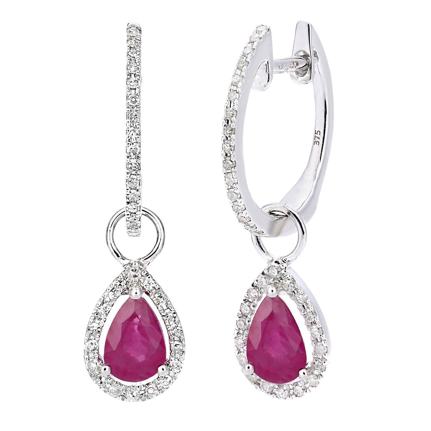 9ct White Gold  20pts Diamond Pear 1ct Ruby Teardrop Drop Earrings - DE1AXL618WRU