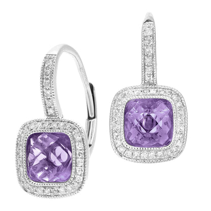 9ct White Gold  20pts Diamond Cushion 2.5ct Amethyst Drop Earrings - DE1AXL679WAM