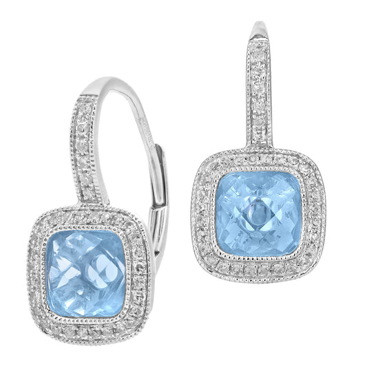 9ct White Gold  Diamond Cushion 3.55ct Blue Topaz Drop Earrings - DE1AXL679WBT