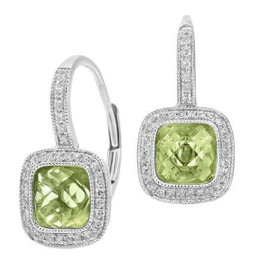 9ct White Gold  20pts Diamond Cushion 2ct Peridot Drop Earrings - DE1AXL679WPD