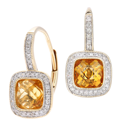 9ct Gold  20pts Diamond Cushion 2.35ct Citrine Drop Earrings - DE1AXL679YCT