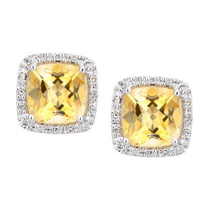 9ct White Gold  10pts Diamond Cushion 2.8ct Citrine Stud Earrings - DE1AXL681WCT