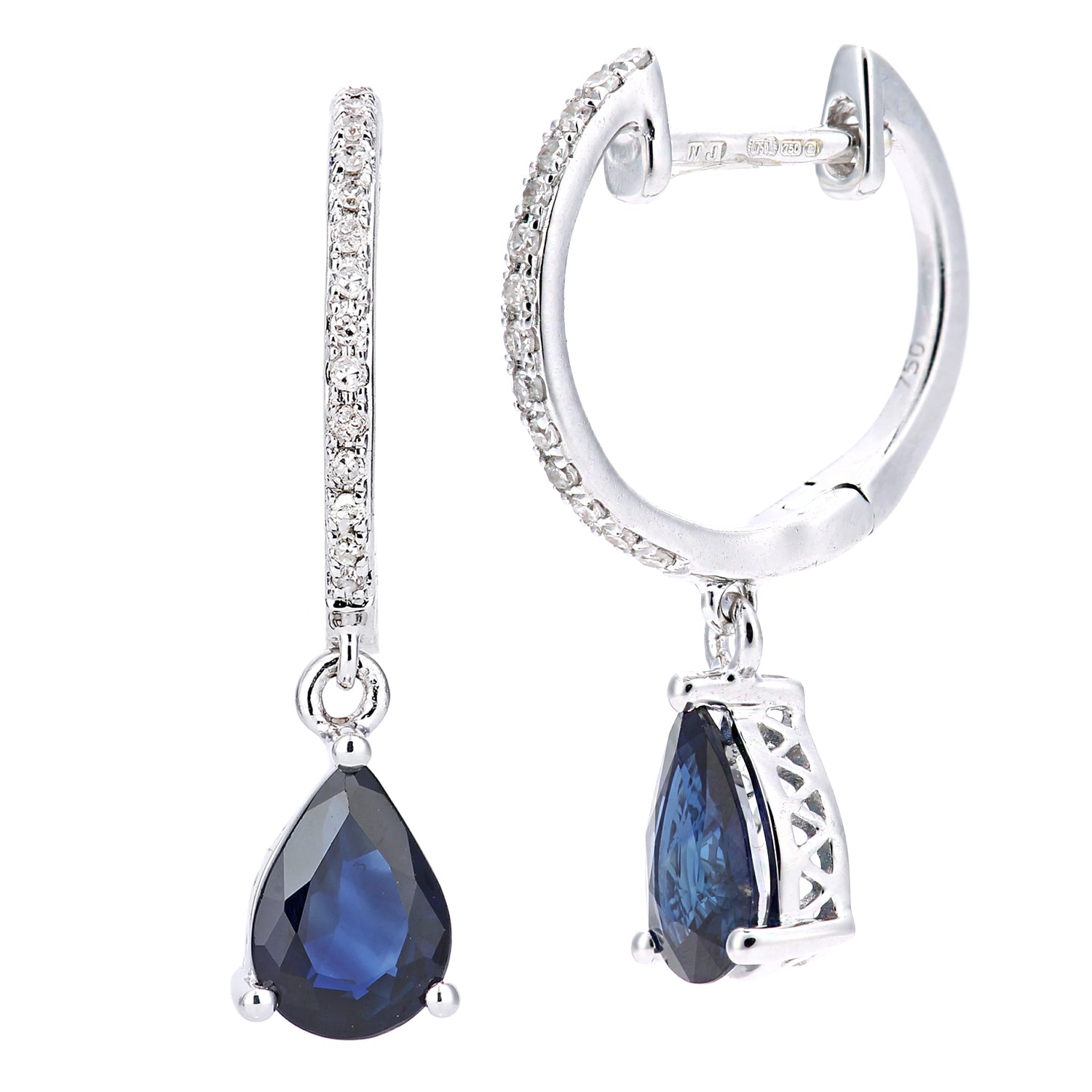 18ct White Gold  10pts Diamond Pear 1.6ct Sapphire Drop Earrings - DE1AXL686W18SA