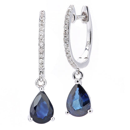 18ct White Gold  10pts Diamond Pear 1.6ct Sapphire Drop Earrings - DE1AXL686W18SA