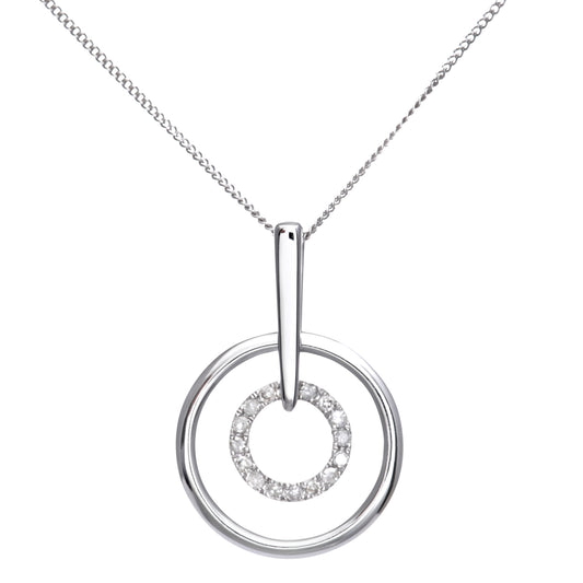 9ct White Gold  Round 5pts Diamond Circle Pendant Necklace 16 inch - DP1AXL124W