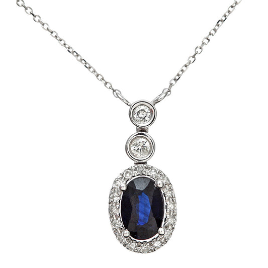 9ct White Gold  Diamond Oval 0.55ct Sapphire Cluster Necklace 16" - DP1AXL409W-SA