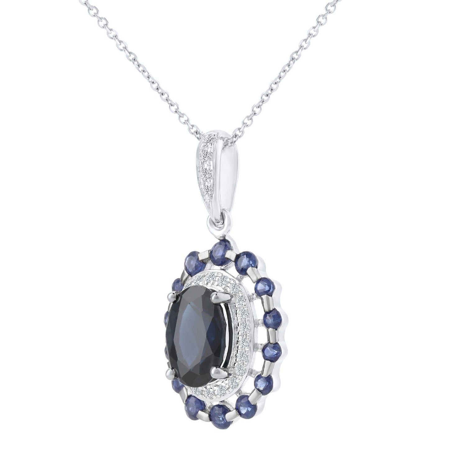 9ct White Gold  Diamond Oval 1.42ct Sapphire Cluster Necklace 16" - DP1AXL410W-SA