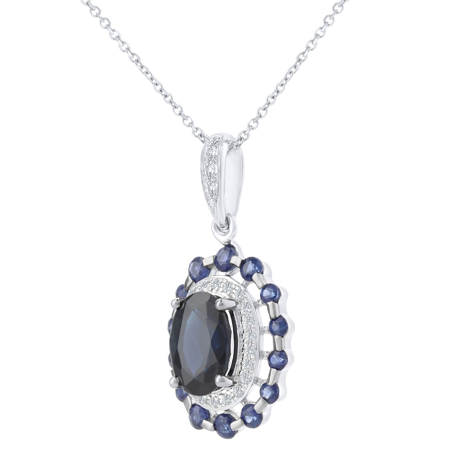 9ct White Gold  Diamond Oval 1.42ct Sapphire Cluster Necklace 16" - DP1AXL410W-SA