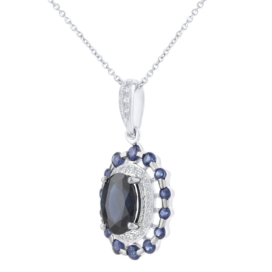 9ct White Gold  Diamond Oval 1.42ct Sapphire Cluster Necklace 16" - DP1AXL410W-SA