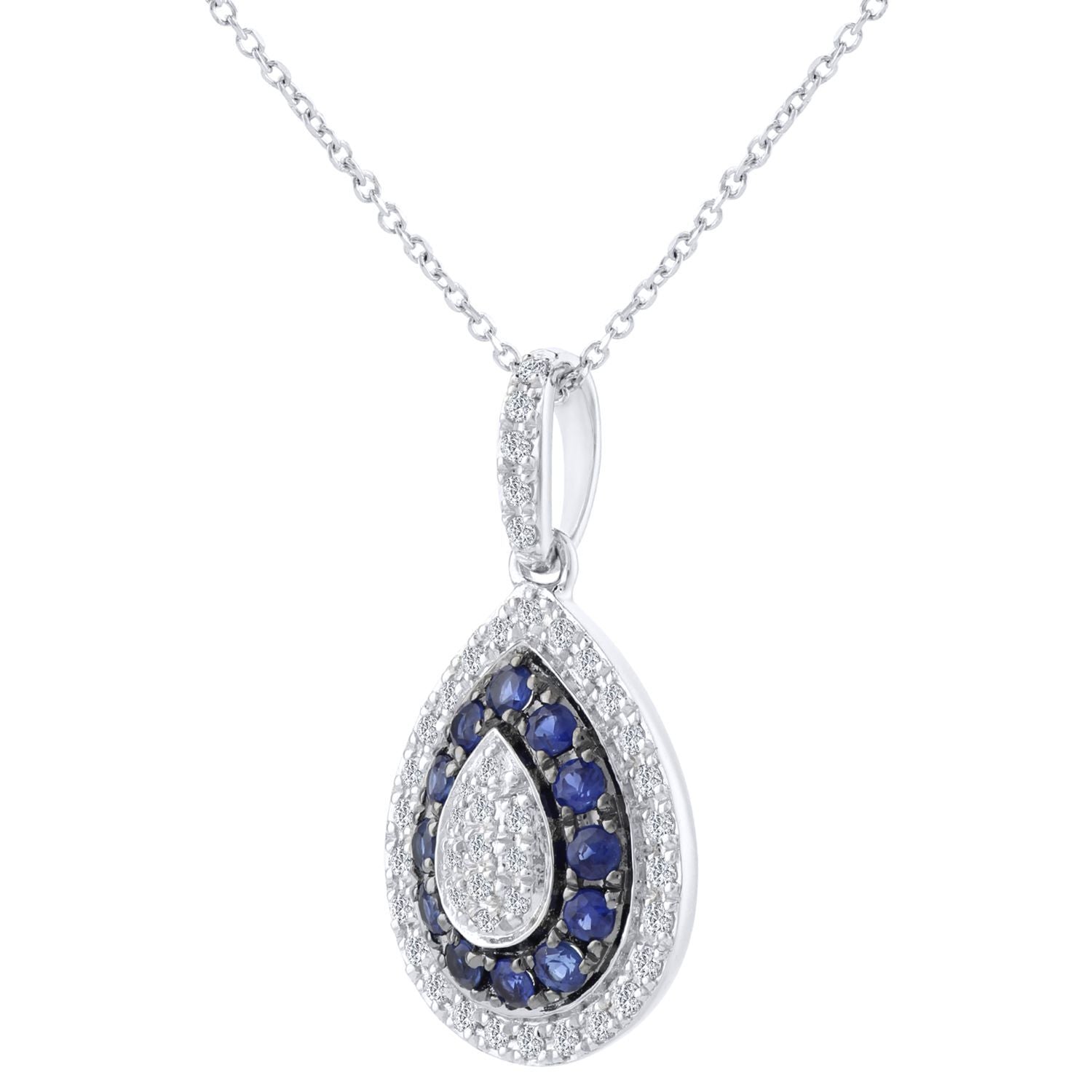 9ct White Gold  15pts Diamond 0.3ct Sapphire Teardrop Necklace 16" - DP1AXL412W-SA