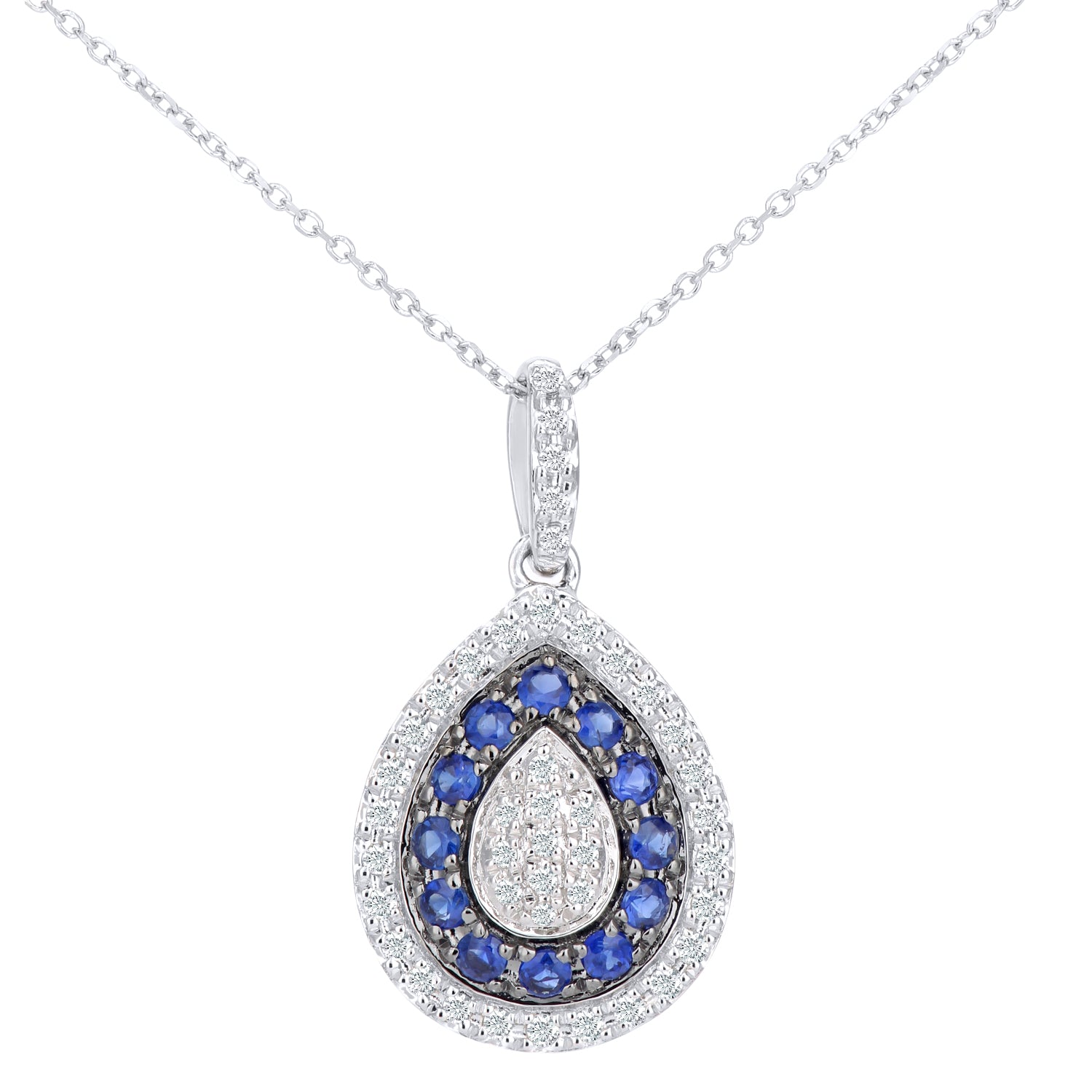 9ct White Gold  15pts Diamond 0.3ct Sapphire Teardrop Necklace 16" - DP1AXL412W-SA