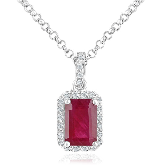 18ct White Gold  Diamond Octagon 0.6ct Ruby Cluster Necklace 16" - DP1AXL604W18RU